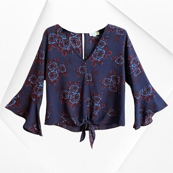 "Veronica M"-Blouse Top Wo men's Size XS Blue Wine Bell Sleeves V-Neck Tie Front - Picture 12 of 13
